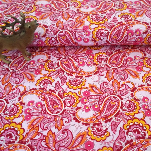 Baumwollstoff, Paisley, Blumen, Pink, Meterware