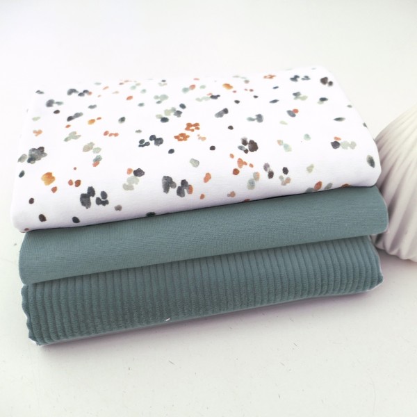 Stoffpaket Jersey Kleckse Water Colour, Cordjersey Uni Smaragd, Bündchen