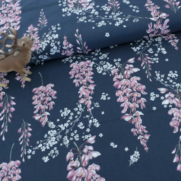Baumwollstoff, Wisteria, Blauregen, Dunkelblau, Meterware