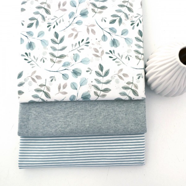 Jersey Stoffpaket, Zweige, Blätter, Mint, Ringel, Mint, 50cm Bündchen