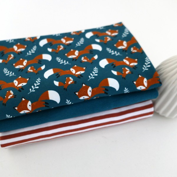 Stoffpaket Jersey, 'Füchse' Petrol, Streifen 50cm Bündchen