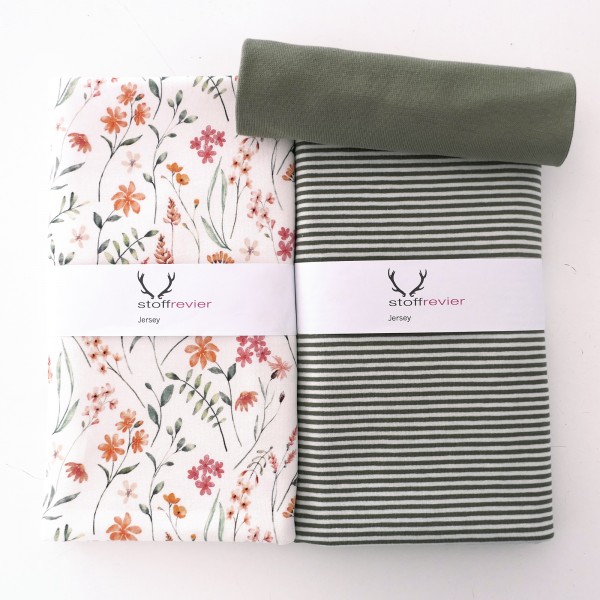 Jersey Stoffpaket, Blüten, Zweige, Ringel, Bündchen Moos
