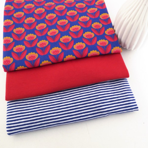 Stoffpaket Jersey, Retroblume, Blau, Ringel, 50 cm Bündchen Rot