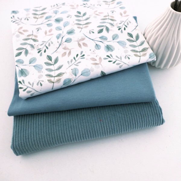 Stoffpaket Jersey Zweige, Blätter, Cordjersey Uni Mint, Bündchen