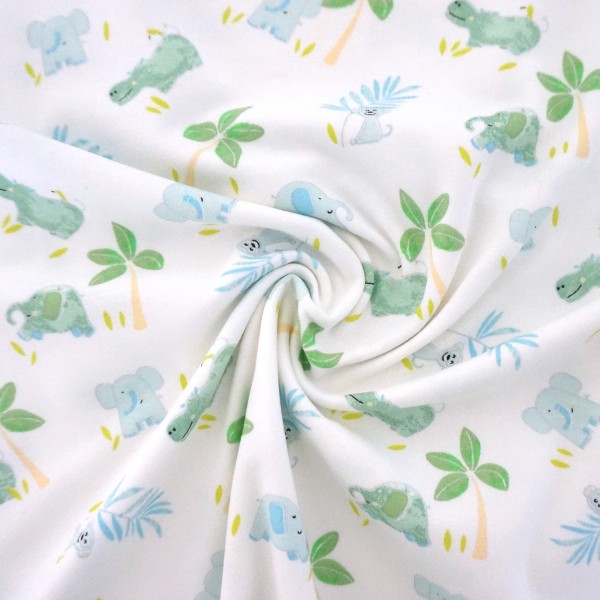 Jersey, Safari, Elefanten und Nashorn, Weiß, Meterware