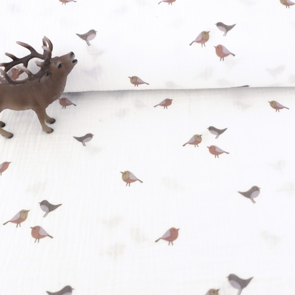 Musselin, Double Gauze, Vögel, Off-White, Meterware