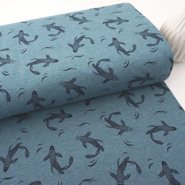 Jersey 'Kois' Fische, Rauchblau, meliert, Meterware