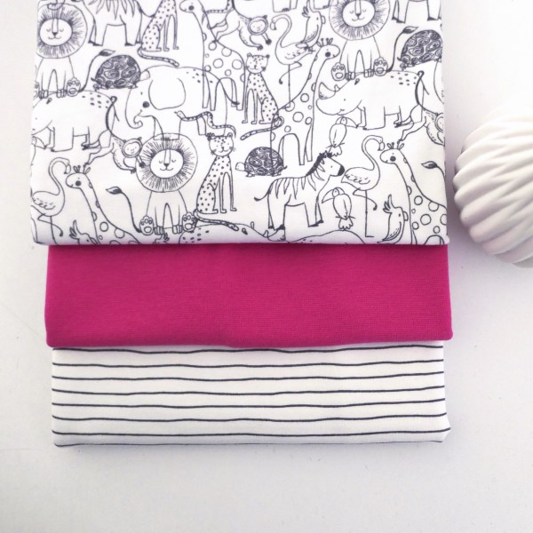 Stoffpaket Jersey, Im Zoo, Linien Off-White, 25 cm Bündchen Pink