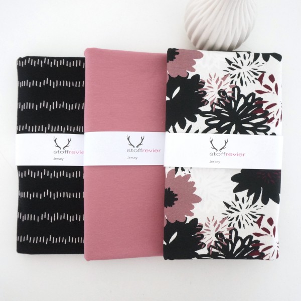 Stoffpaket Jersey, große Blüten, Altrosa, Striche Schwarz, Uni