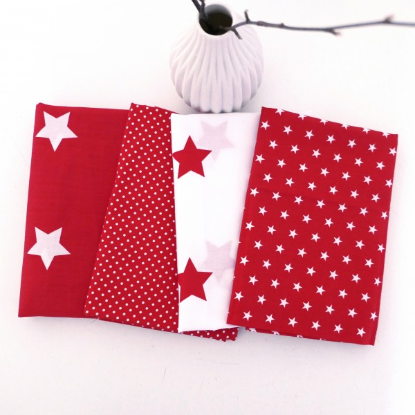 Stoffpaket Baumwolle, 4 x 50 x 140 cm, große Sterne, Dots, Rot/Weiß