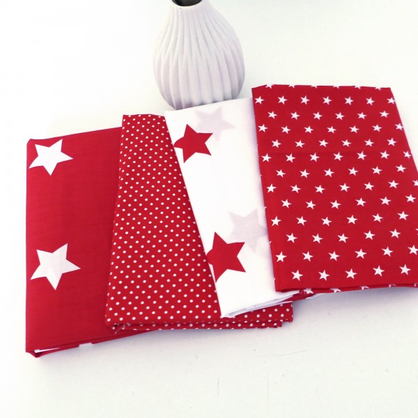 Stoffpaket Baumwolle, 4 x 50 x 140 cm, große Sterne, Dots, Rot/Weiß