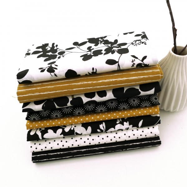 8 x Fat Quarter, Black, White, Mustard, Stoffpaket, Blüten, Kleckse, Linien, Baumwolle