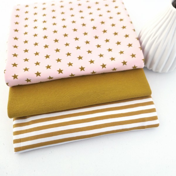 Jersey Stoffpaket, Sterne Rosé, Streifen und Bündchen Senf