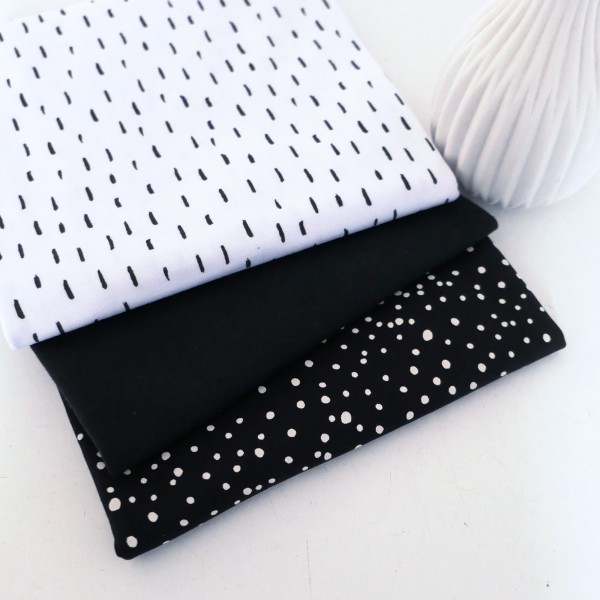 Jersey Stoffpaket, Black&White, Striche Weiß, Kleckse Schwarz, 50cm Bündchen