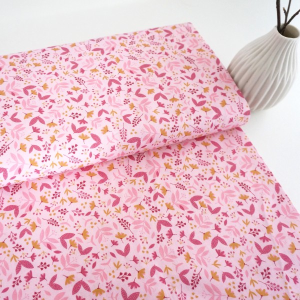 Baumwollstoff, Blüten und Zweige, Rosa, Meterware