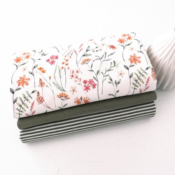 Jersey Stoffpaket, Blüten, Zweige, Ringel, Bündchen Moos