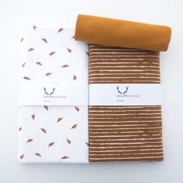 Stoffpaket Jersey, Ähren Ocker, Linien Ocker, Bündchen