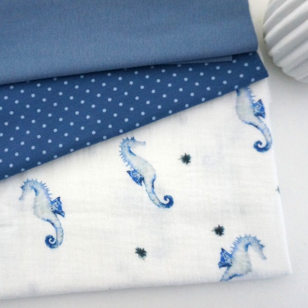 Stoffpaket Musselin/Jersey, Seepferdchen, Weiß/Blau, Punkte