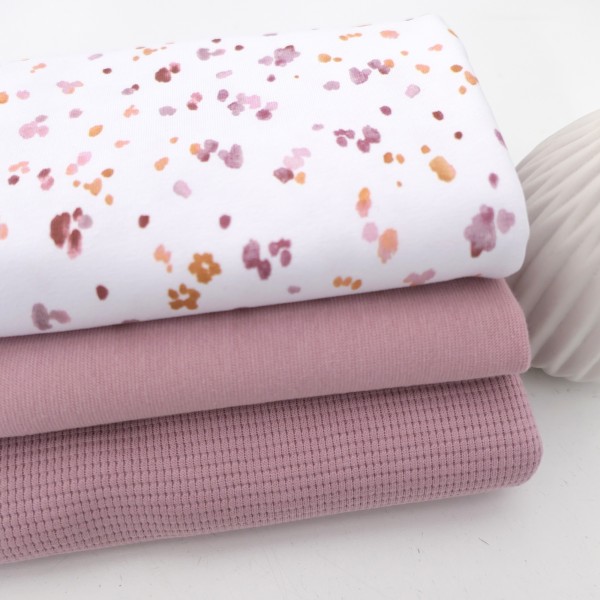 Stoffpaket Jersey, Kleckse Altrosa, Waffeljersey und 50cm Bündchen Altrosa
