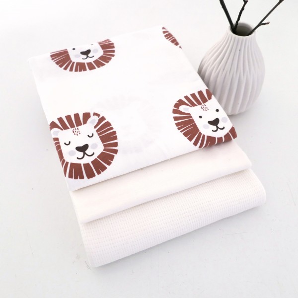 Jersey Stoffpaket, Löwenköpfe Natur/Braun, Waffelstrick Naturweiß, 50cm Bündchen