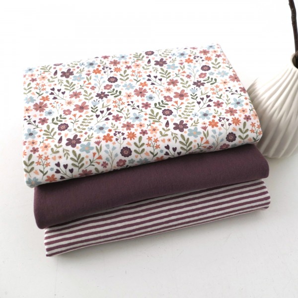 Stoffpaket Jersey, Streublumenwiese, Ringel, Bündchen 50cm Mauve