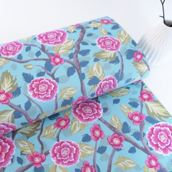 Samt, Boho Velvet, große Blüten, Äste, Mint, Pink, swafing, Meterware