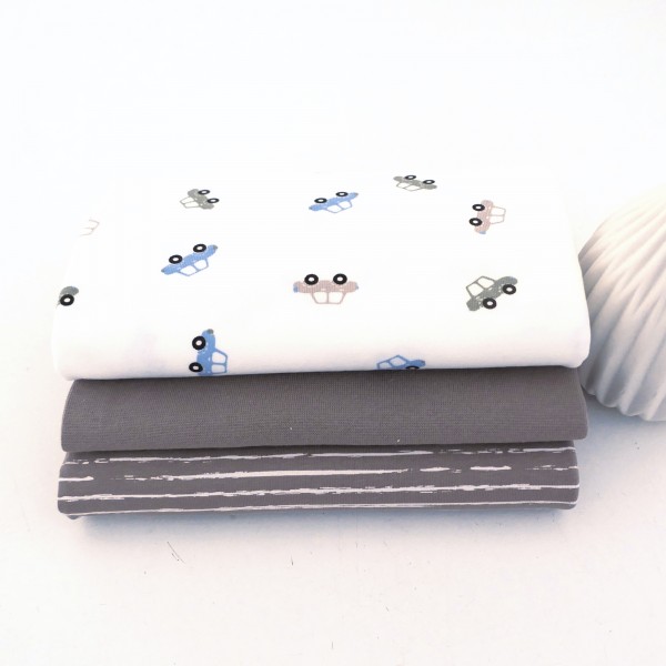 Stoffpaket Jersey, kleine Autos Off-White, Linien Taupe, Bündchen