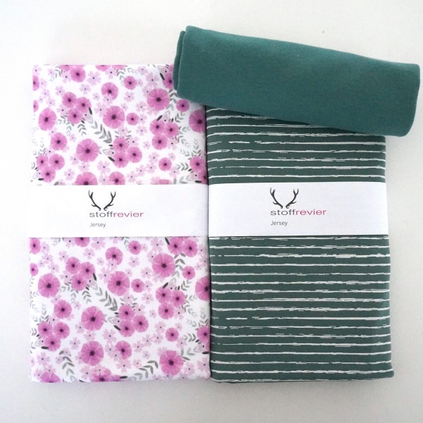 Stoffpaket Jersey, Blumen, Pink Linien Altgrün, Bündchen