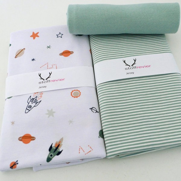 Stoffpaket Jersey 'Space' Weiß, Ringel Mint, 50cm Bündchen