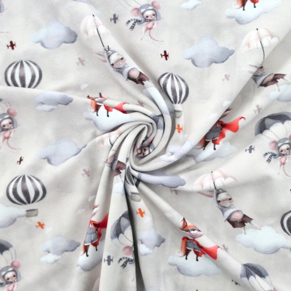 Jersey, Let's Fly, Tiere, Water Colour, Greige, Meterware