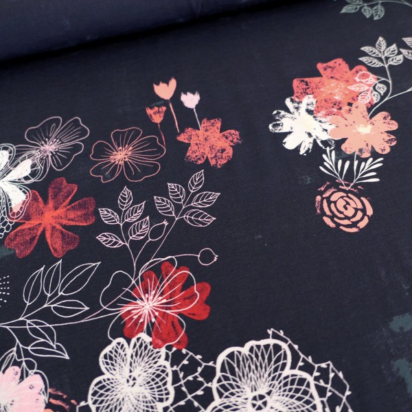 Jersey, Mystical Florals, Blumen, Blüten, Schwarzblau, swafing, Meterware