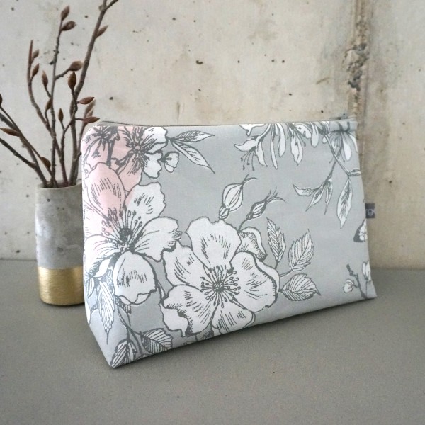 Kulturtasche und kleine Schminktasche im Set, Kirschblüte, Grau