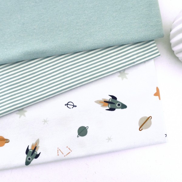 Stoffpaket Jersey 'Space' Weiß, Ringel Mint, Bündchen