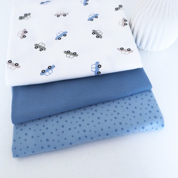 Stoffpaket Jersey, kleine Autos Off-White, Kleckse und Bündchen Blau