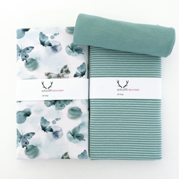 Stoffpaket Jersey Butterfly, Schmetterlinge, Ringel u. 50 cm Bündchen Mint