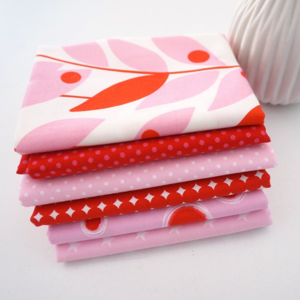 Stoffpaket Baumwolle, 6 x Fat Quarter, 'Rot-Rosa' Mixed