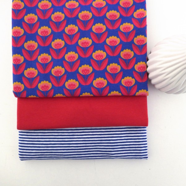Stoffpaket Jersey, Retroblume, Blau, Ringel, 50 cm Bündchen Rot