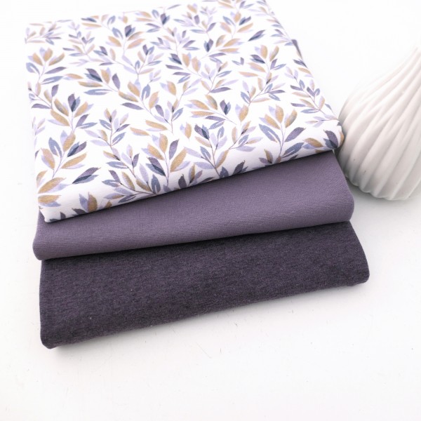 Stoffpaket Jersey Blätter, Zweige, Mauve, Uni melange, 50cm Bündchen