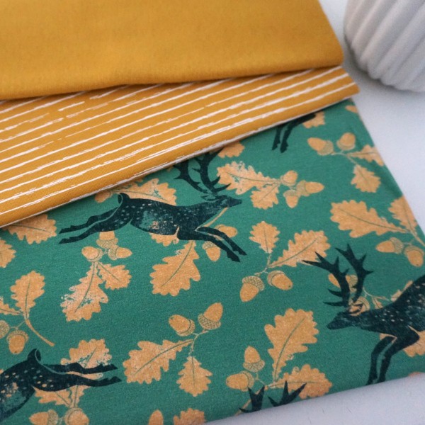 Stoffpaket Jersey, Natural Stamp, Hirsche, Linien Senf Bündchen