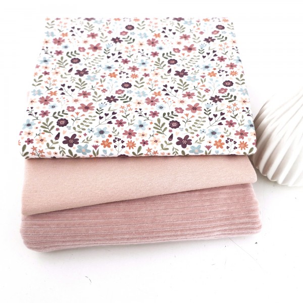 Stoffpaket Jersey Streublumen, Cordjersey Softrose und Bündchen