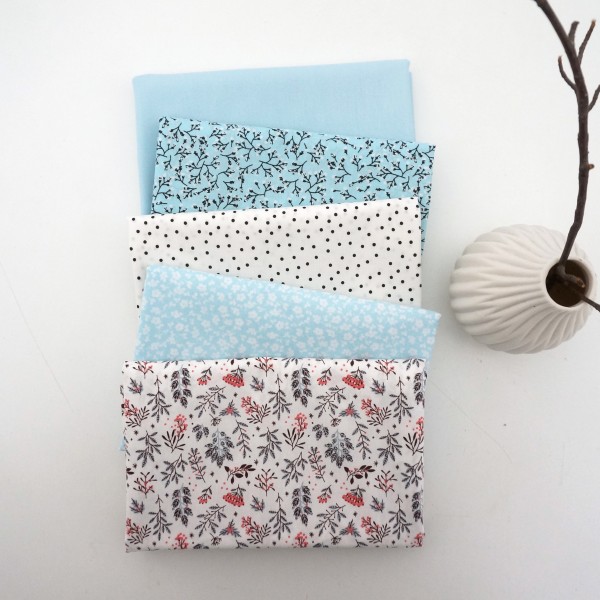 Stoffpaket, Fat Quarter, Baumwolle, Popeline, Streublumen Weiß, Zweige, Uni und Punkte