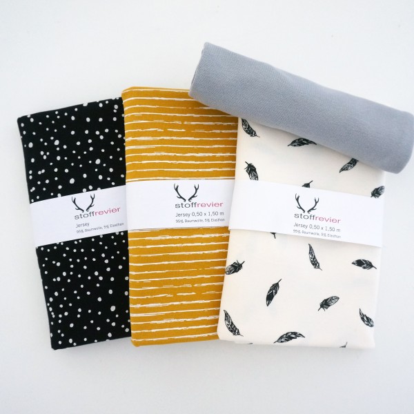 Jersey Stoffpaket 'Black, White, Mustard' Federn, Linien, Kleckse