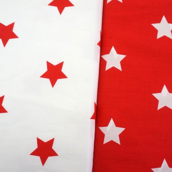 Baumwollstoff, Popeline große Sterne, Maxisterne, Weiß/Rot