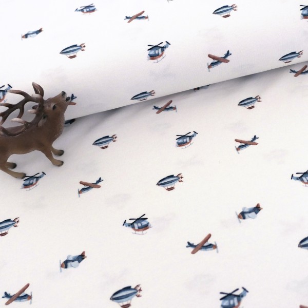 Jersey Flugobjekte, Hubschrauber, Ballons, Off-White, Blau, Meterware