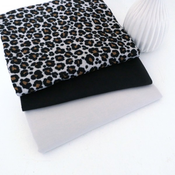 Stoffpaket Musselin, Leo Sand, Uni Jersey Sandgrau und Bündchen