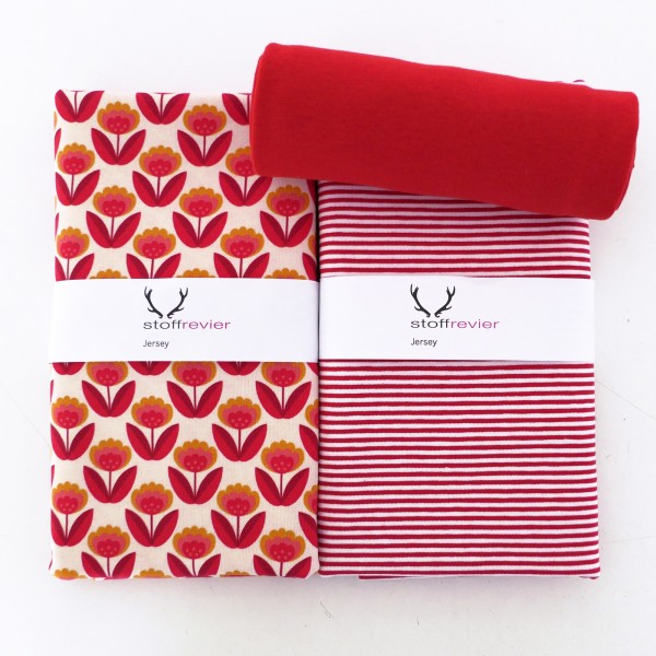 Stoffpaket Jersey, Retroblume, Orange, Ringel, 50 cm Bündchen Rot