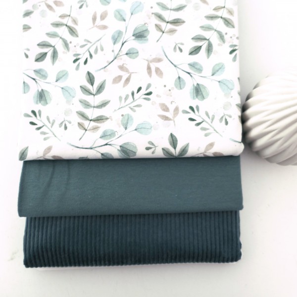 Stoffpaket Jersey Zweige, Blätter, Cordjersey Uni Smaragd, Bündchen