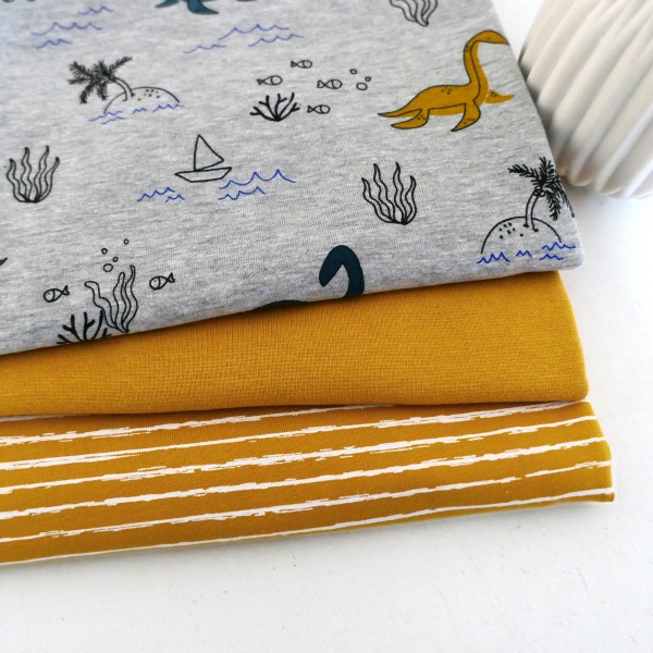 Stoffpaket Jersey, Dinos Hellgrau/Bunt, Linien Senf, 50cm Bündchen