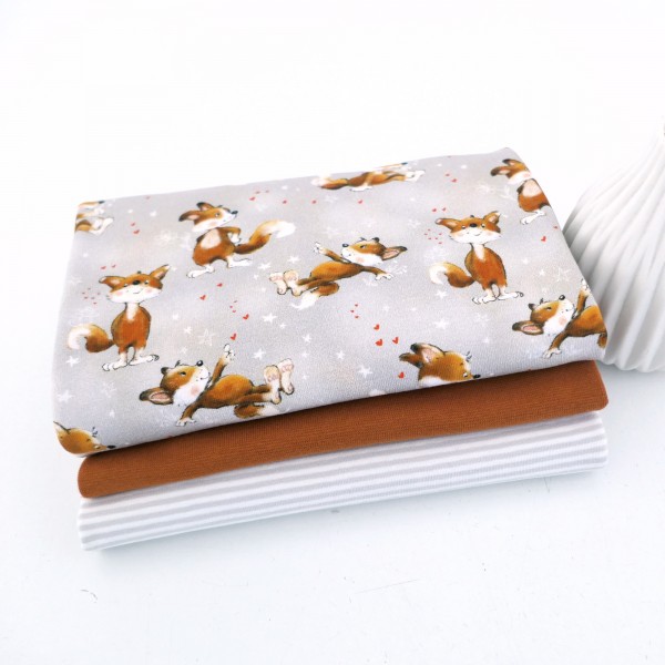 Stoffpaket Jersey 'freche Füchse' Grau, Ringel, 50cm Bündchen Ocker