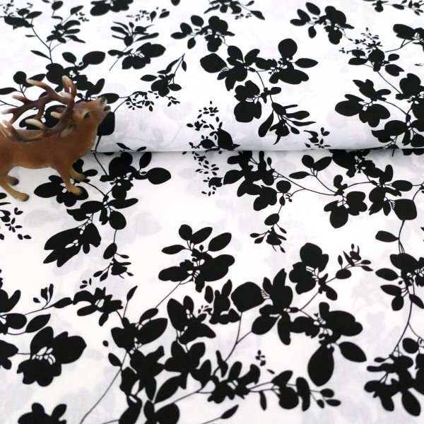 Baumwollstoff, Blumen, Weiß, Schwarz, Meterware